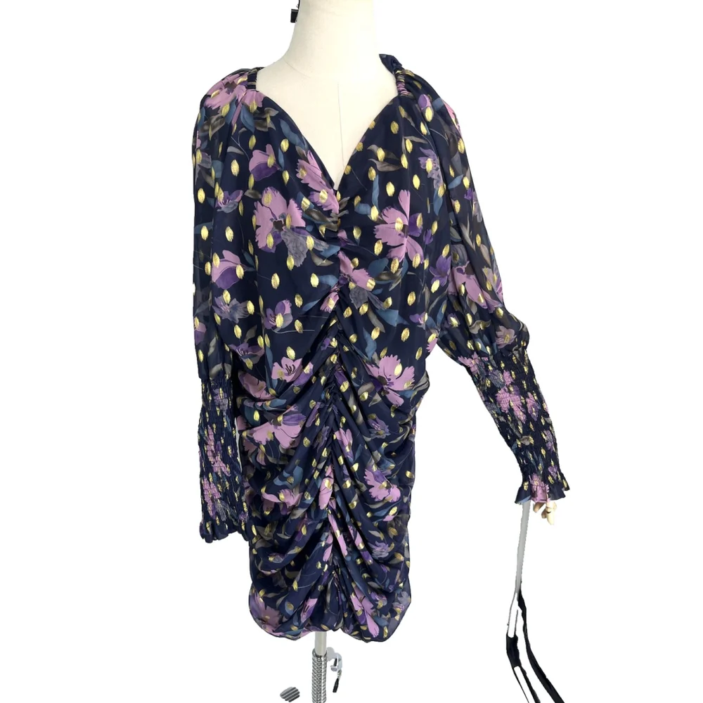 Fashion Nova Mini Dress XL Navy Ultimate Choice Metallic‎ Floral Ruched New Sexy